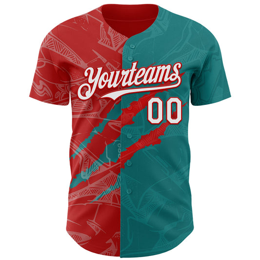 Custom Graffiti Pattern White Teal-Red 3D Scratch Authentic Baseball Jersey - Sky-Custom