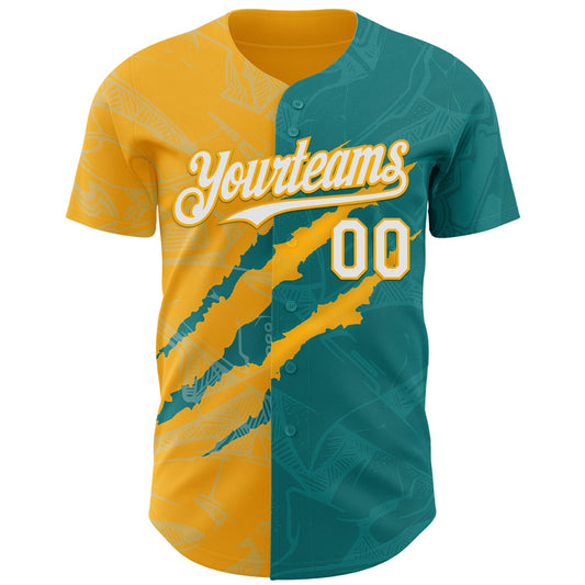 Custom Graffiti Pattern White Teal-Gold 3D Scratch Authentic Baseball Jersey - Sky-Custom