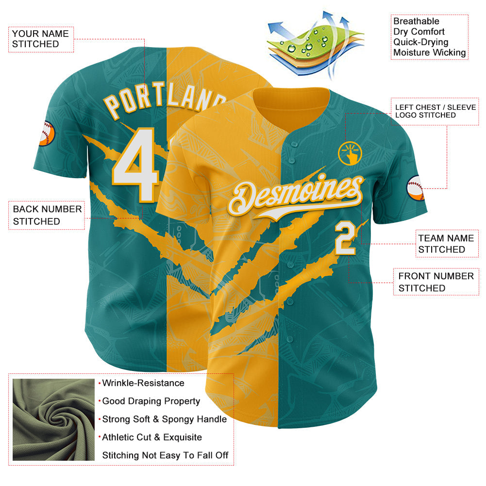 Custom Graffiti Pattern White Teal-Gold 3D Scratch Authentic Baseball Jersey - Sky-Custom