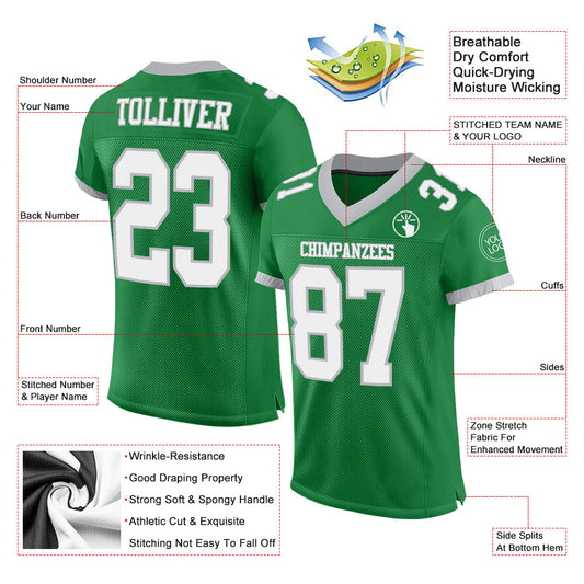 Custom Grass Green White-Gray Mesh Authentic Football Jersey - Sky-Custom