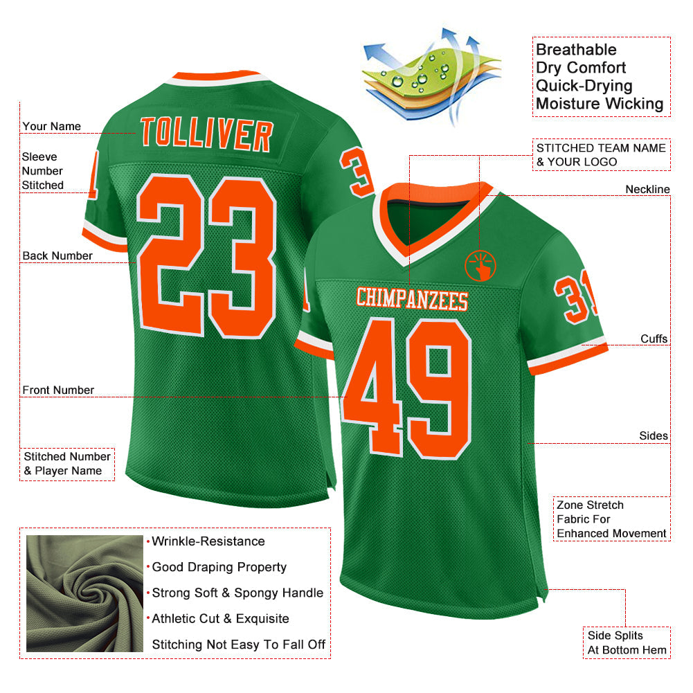 Custom Grass Green Orange-White Mesh Authentic Throwback Football Jersey - Sky-Custom