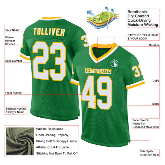 Custom Grass Green White-Gold Mesh Authentic Throwback Football Jersey - Sky-Custom