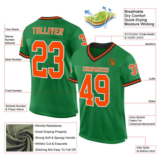 Custom Grass Green Orange-Black Mesh Authentic Throwback Football Jersey - Sky-Custom