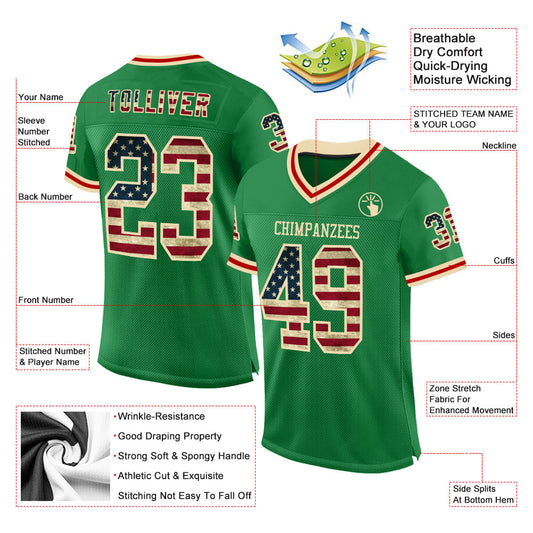 Custom Grass Green Vintage USA Flag Cream-Red Mesh Authentic Throwback Football Jersey - Sky-Custom
