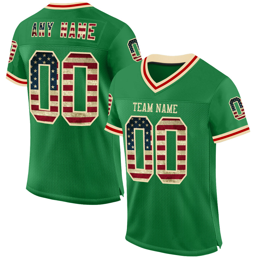 Custom Grass Green Vintage USA Flag Cream-Red Mesh Authentic Throwback Football Jersey - Sky-Custom