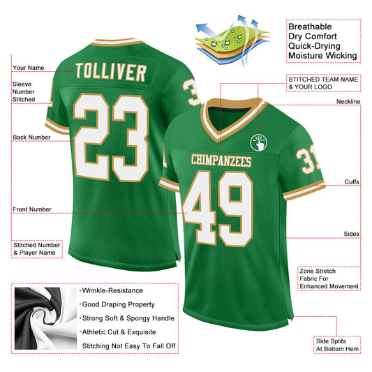 Custom Grass Green White-Old Gold Mesh Authentic Throwback Football Jersey - Sky-Custom
