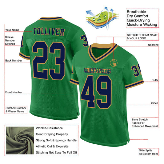 Custom Grass Green Navy-Old Gold Mesh Authentic Throwback Football Jersey - Sky-Custom
