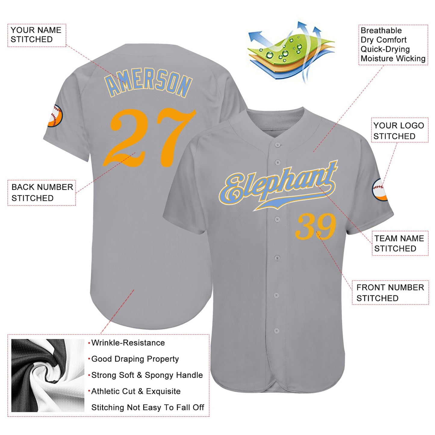 Custom Gray Gold-Light Blue Authentic Baseball Jersey - Sky-Custom