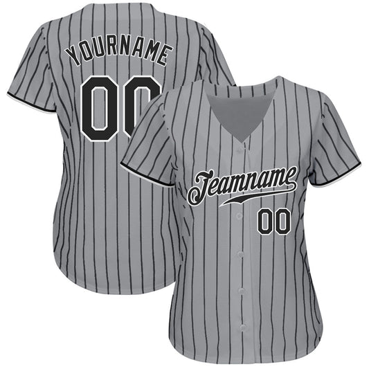 Custom Gray Black Pinstripe Black-White Authentic Baseball Jersey - Sky-Custom