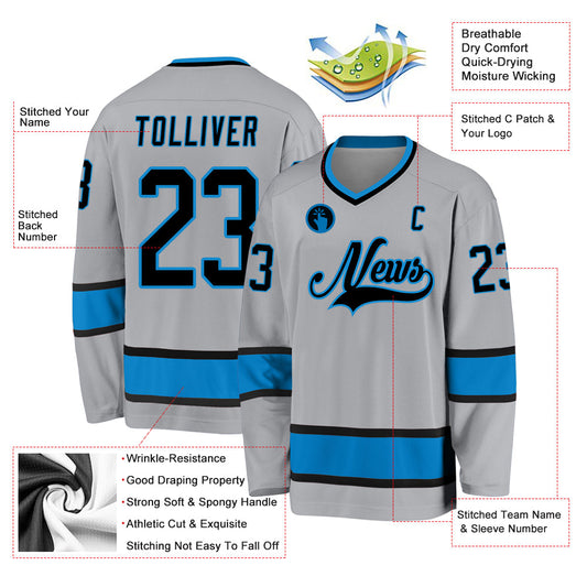 Custom Gray Black-Blue Hockey Jersey - Sky-Custom