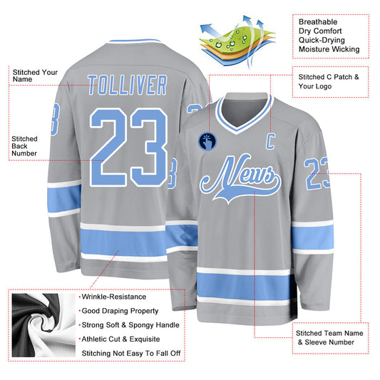 Custom Gray Light Blue-White Hockey Jersey - Sky-Custom