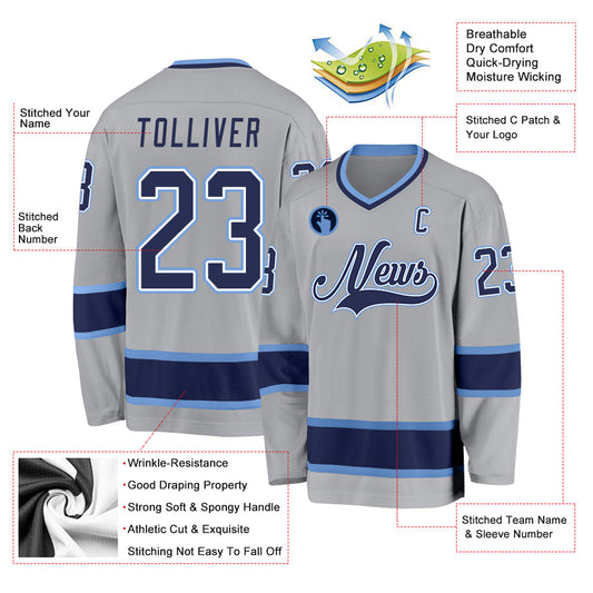 Custom Gray Navy-Light Blue Hockey Jersey - Sky-Custom