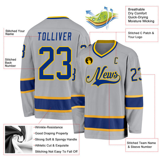 Custom Gray Royal-Gold Hockey Jersey - Sky-Custom