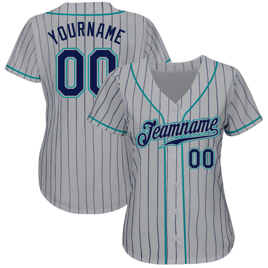 Custom Gray Navy Pinstripe Navy-Teal Authentic Baseball Jersey - Sky-Custom