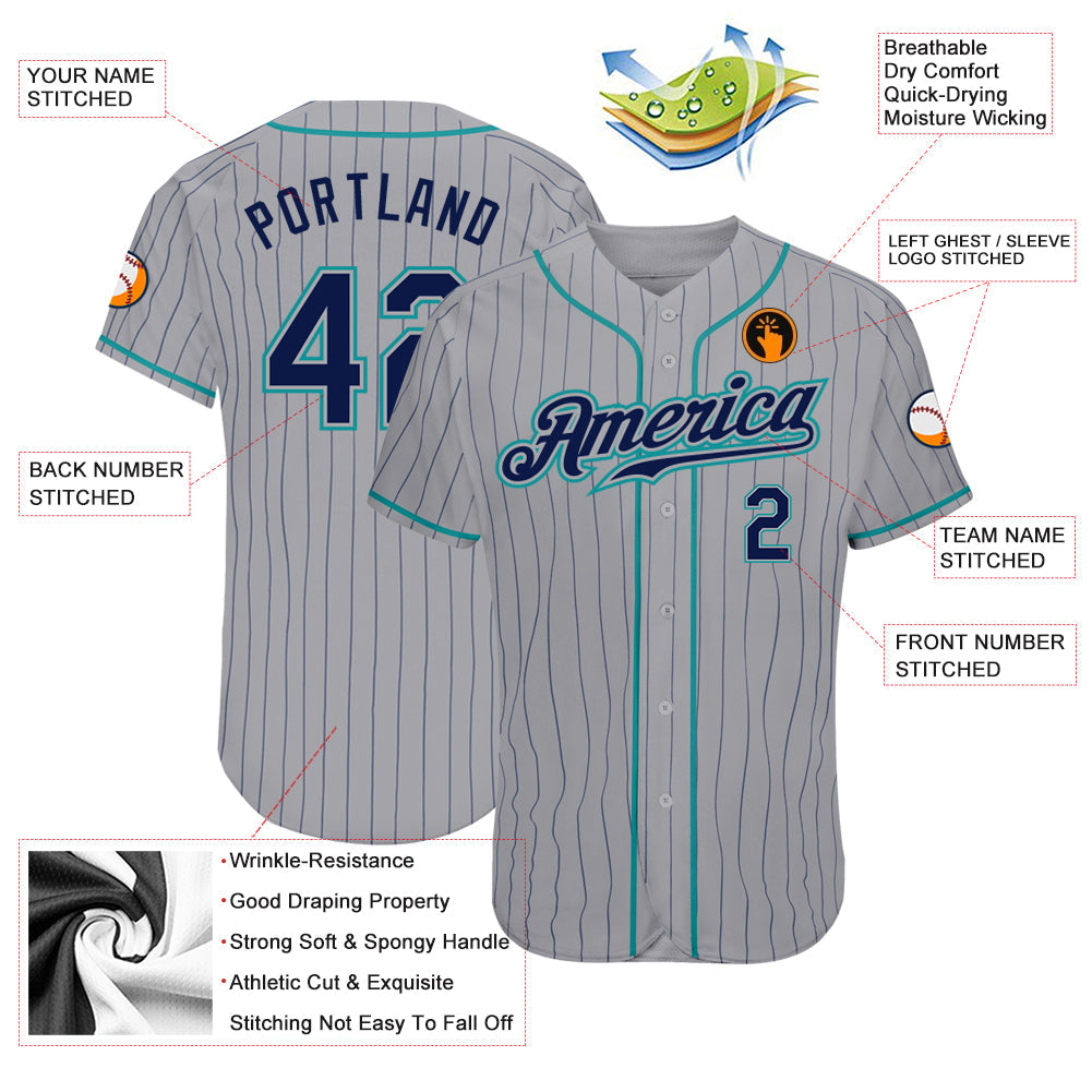 Custom Gray Navy Pinstripe Navy-Teal Authentic Baseball Jersey - Sky-Custom