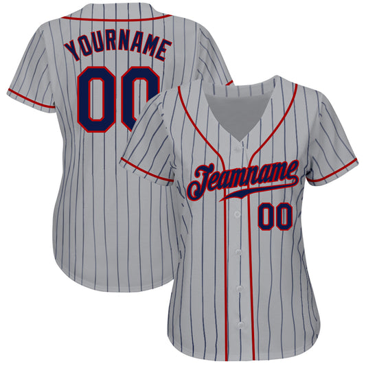 Custom Gray Navy Pinstripe Navy-Red Authentic Baseball Jersey - Sky-Custom