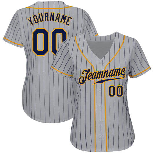 Custom Gray Navy Pinstripe Navy-Gold Authentic Baseball Jersey - Sky-Custom