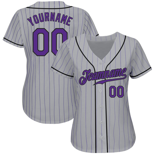 Custom Gray Purple Pinstripe Purple-Black Authentic Baseball Jersey - Sky-Custom