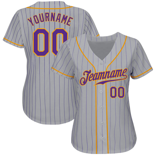 Custom Gray Purple Pinstripe Purple-Gold Authentic Baseball Jersey - Sky-Custom