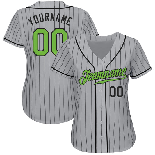 Custom Gray Black Pinstripe Neon Green-Black Authentic Baseball Jersey - Sky-Custom