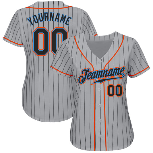 Custom Gray Black Pinstripe Black-Powder Blue Authentic Baseball Jersey - Sky-Custom