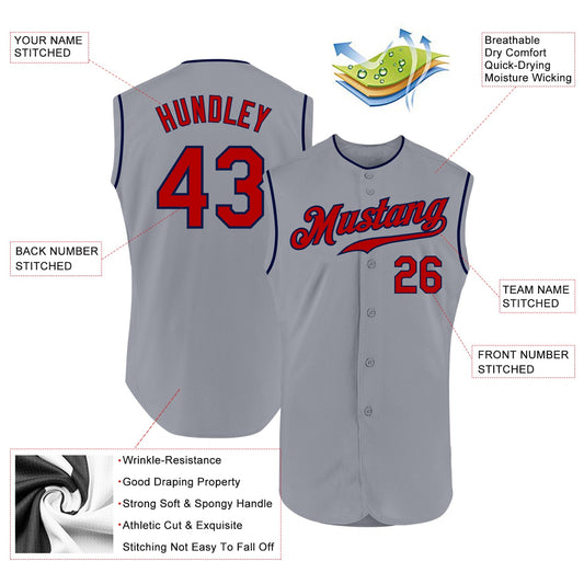 Custom Gray Red-Navy Authentic Sleeveless Baseball Jersey - Sky-Custom