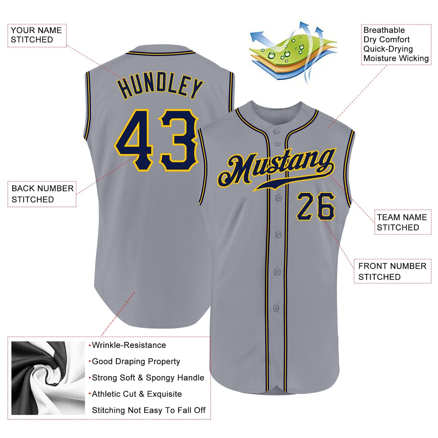 Custom Gray Navy-Gold Authentic Sleeveless Baseball Jersey - Sky-Custom
