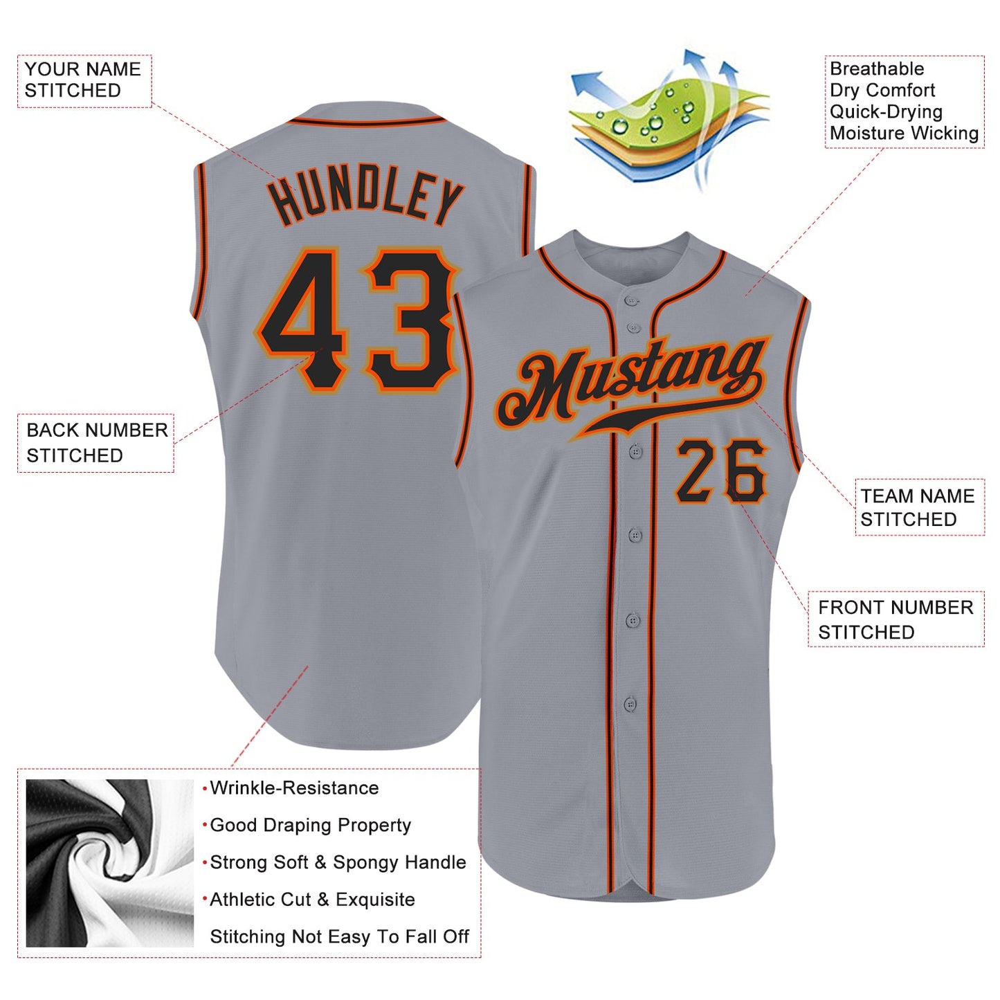 Custom Gray Black-Orange Authentic Sleeveless Baseball Jersey - Sky-Custom