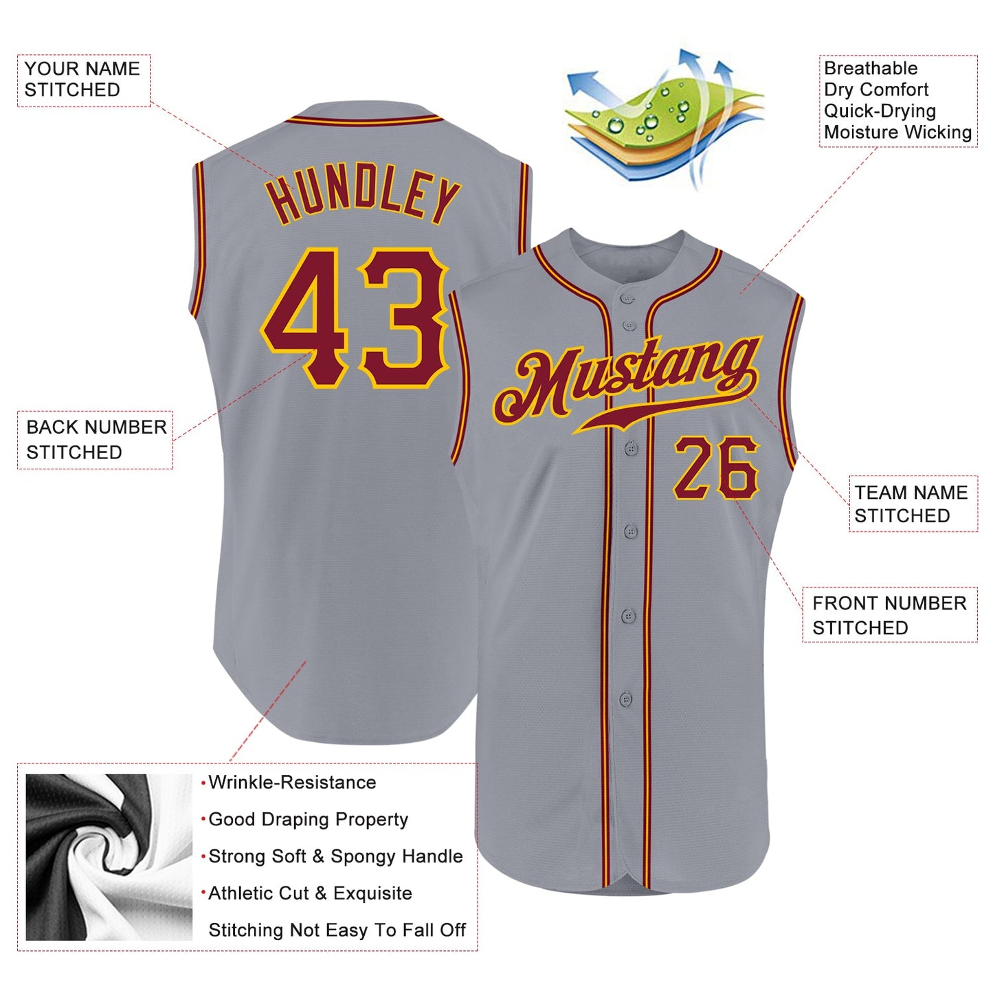 Custom Gray Crimson-Gold Authentic Sleeveless Baseball Jersey - Sky-Custom