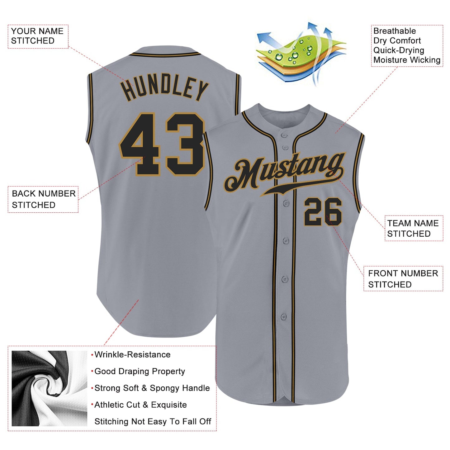 Custom Gray Black-Old Gold Authentic Sleeveless Baseball Jersey - Sky-Custom
