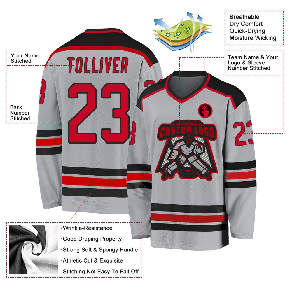 Custom Gray Red-Black Hockey Jersey - Sky-Custom