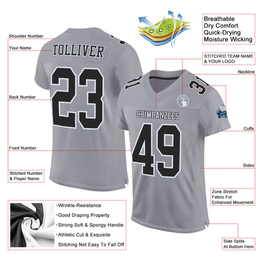Custom Gray Black-White Mesh Authentic Football Jersey - Sky-Custom