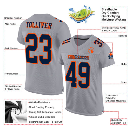 Custom Gray Navy-Orange Mesh Authentic Football Jersey - Sky-Custom