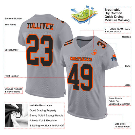 Custom Gray Black-Orange Mesh Authentic Football Jersey - Sky-Custom
