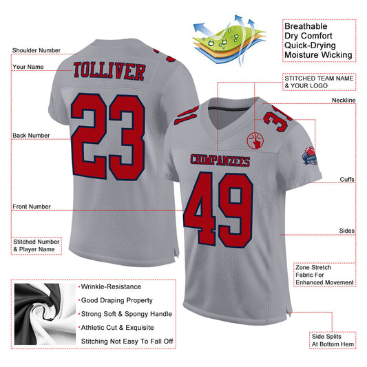 Custom Gray Red-Navy Mesh Authentic Football Jersey - Sky-Custom