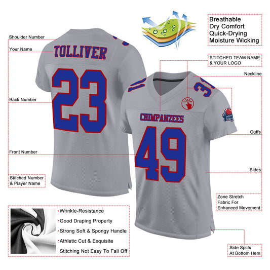 Custom Gray Royal-Red Mesh Authentic Football Jersey - Sky-Custom