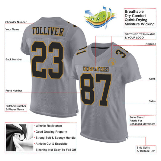 Custom Gray Black-Old Gold Mesh Authentic Football Jersey - Sky-Custom