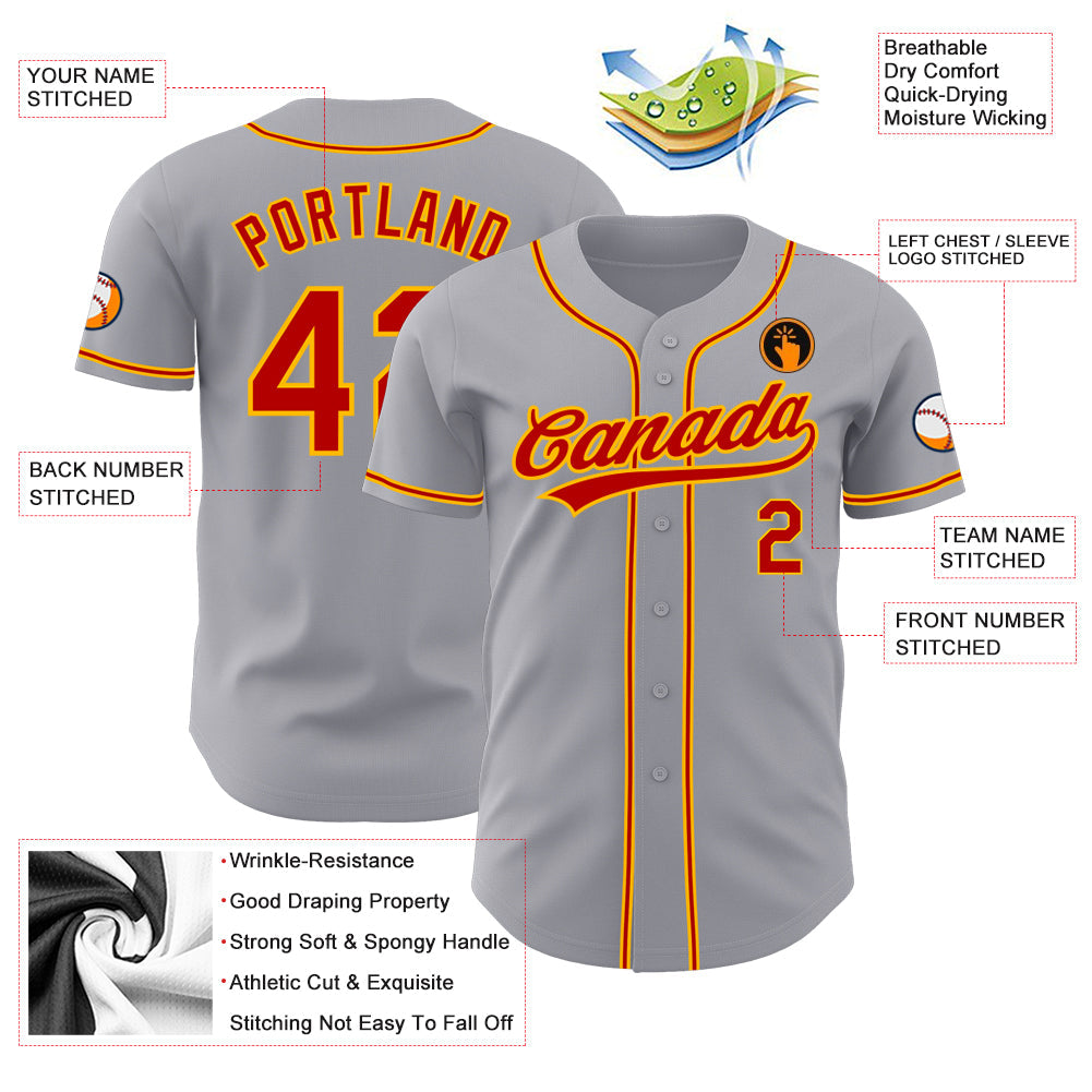 Custom Gray Red-Gold Authentic Baseball Jersey - Sky-Custom
