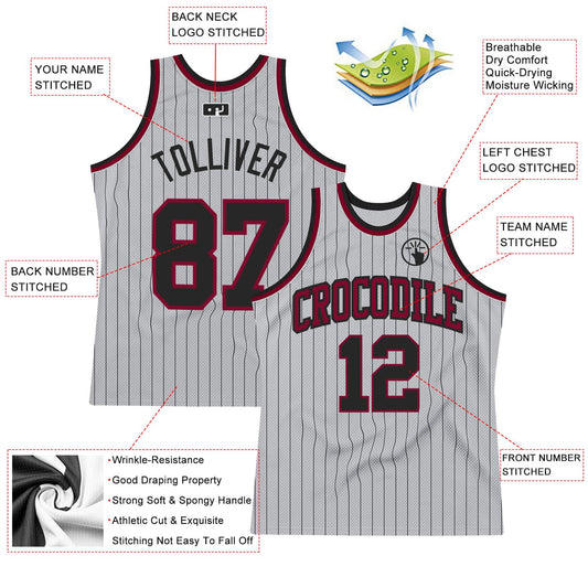 Custom Gray Black Pinstripe Black-Maroon Authentic Basketball Jersey - Sky-Custom