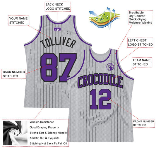 Custom Gray Black Pinstripe Purple Authentic Basketball Jersey - Sky-Custom