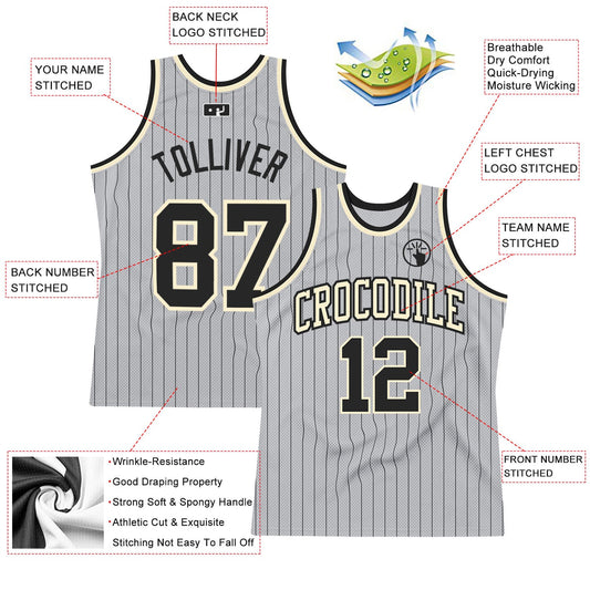 Custom Gray Black Pinstripe Black-Cream Authentic Basketball Jersey - Sky-Custom