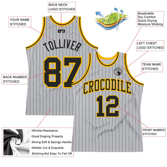 Custom Gray Black Pinstripe Black-Gold Authentic Basketball Jersey - Sky-Custom
