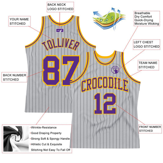 Custom Gray Black Pinstripe Purple-Gold Authentic Basketball Jersey - Sky-Custom