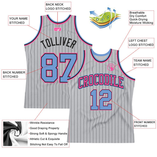 Custom Gray Black Pinstripe Light Blue-Pink Authentic Basketball Jersey - Sky-Custom