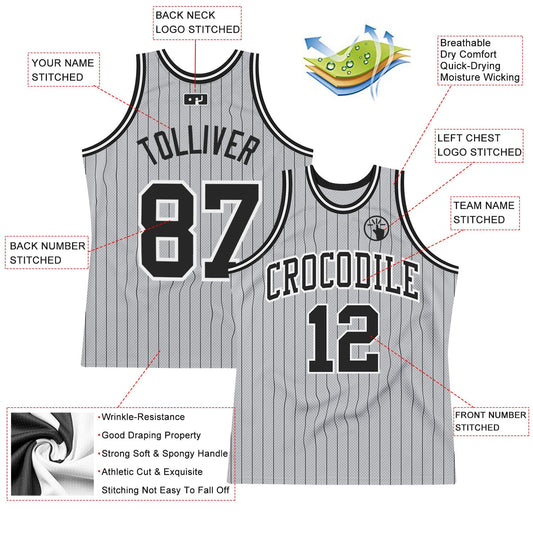 Custom Gray Black Pinstripe Black-White Authentic Basketball Jersey - Sky-Custom