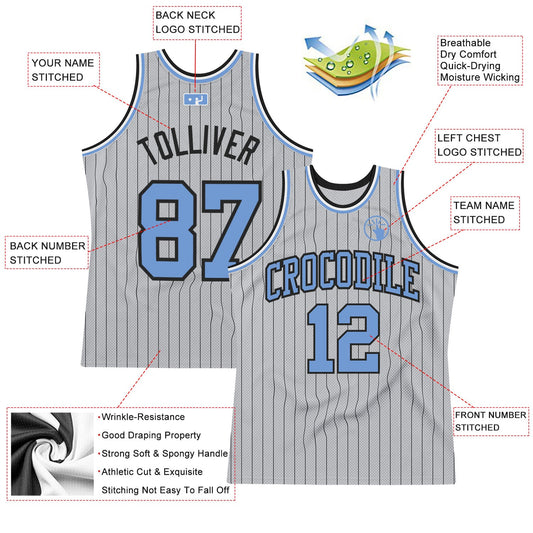 Custom Gray Black Pinstripe Light Blue Authentic Basketball Jersey - Sky-Custom
