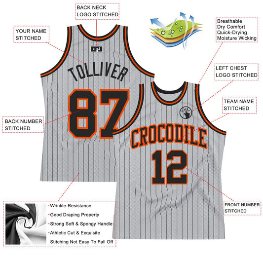 Custom Gray Black Pinstripe Black-Orange Authentic Basketball Jersey - Sky-Custom