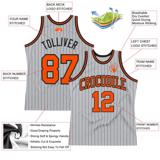 Custom Gray Black Pinstripe Orange Authentic Basketball Jersey - Sky-Custom