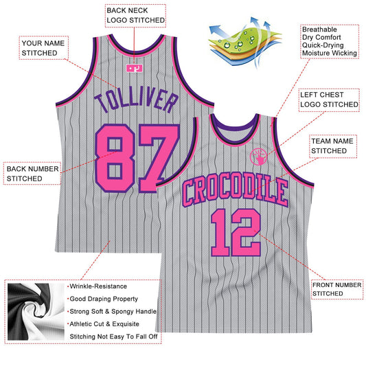 Custom Gray Black Pinstripe Pink-Purple Authentic Basketball Jersey - Sky-Custom