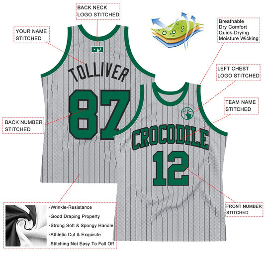 Custom Gray Black Pinstripe Kelly Green Authentic Basketball Jersey - Sky-Custom